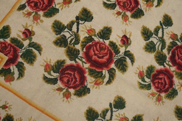 Antique english needlepoint carpet 6'10"×7'6" ivory with red rose vines, circa 1890 2 Antique english needlepoint carpet 6'10"×7'6" ivory with red rose vines, circa 1890 - detail view 1