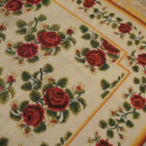 Antique English Needlepoint Carpet 6'10"×7'6" Ivory with Red Rose Vines, Circa 1890 - detail view 2