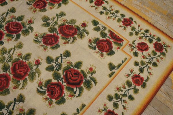 Antique english needlepoint carpet 6'10"×7'6" ivory with red rose vines, circa 1890 3 Antique english needlepoint carpet 6'10"×7'6" ivory with red rose vines, circa 1890 - detail view 2