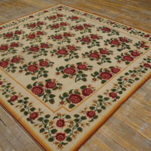 Antique English Needlepoint Carpet 6'10"×7'6" Ivory with Red Rose Vines, Circa 1890 - detail view 3