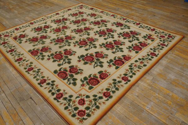 Antique english needlepoint carpet 6'10"×7'6" ivory with red rose vines, circa 1890 4 Antique english needlepoint carpet 6'10"×7'6" ivory with red rose vines, circa 1890 - detail view 3