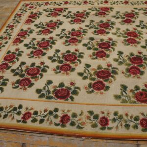 Antique English Needlepoint Carpet 6'10"×7'6" Ivory with Red Rose Vines, Circa 1890 - detail view 4