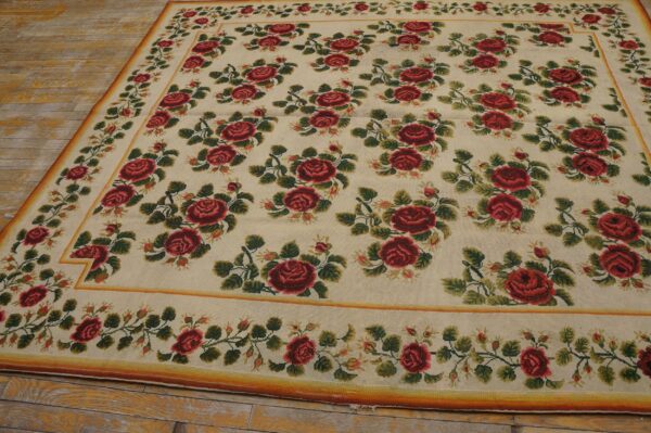 Antique english needlepoint carpet 6'10"×7'6" ivory with red rose vines, circa 1890 5 Antique english needlepoint carpet 6'10"×7'6" ivory with red rose vines, circa 1890 - detail view 4