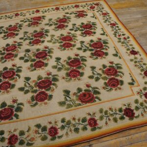 Antique English Needlepoint Carpet 6'10"×7'6" Ivory with Red Rose Vines, Circa 1890 - detail view 5