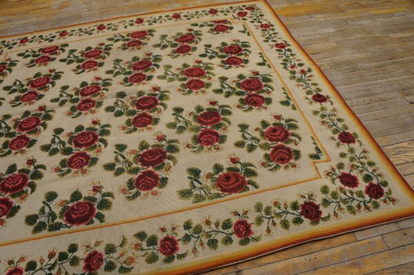 Antique english needlepoint carpet 6'10"×7'6" ivory with red rose vines, circa 1890 6 Antique english needlepoint carpet 6'10"×7'6" ivory with red rose vines, circa 1890 - detail view 5