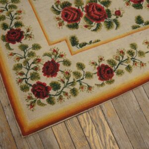 Antique English Needlepoint Carpet 6'10"×7'6" Ivory with Red Rose Vines, Circa 1890 - detail view 6