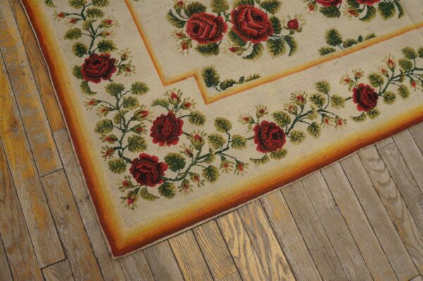 Antique english needlepoint carpet 6'10"×7'6" ivory with red rose vines, circa 1890 7 Antique english needlepoint carpet 6'10"×7'6" ivory with red rose vines, circa 1890 - detail view 6