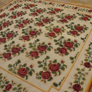 Antique English Needlepoint Carpet 6'10"×7'6" Ivory with Red Rose Vines, Circa 1890 - detail view 7