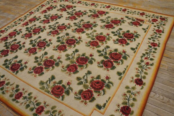 Antique english needlepoint carpet 6'10"×7'6" ivory with red rose vines, circa 1890 8 Antique english needlepoint carpet 6'10"×7'6" ivory with red rose vines, circa 1890 - detail view 7