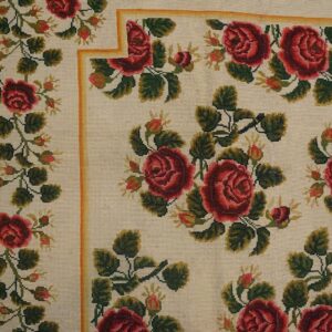 Antique English Needlepoint Carpet 6'10"×7'6" Ivory with Red Rose Vines, Circa 1890 - detail view 8