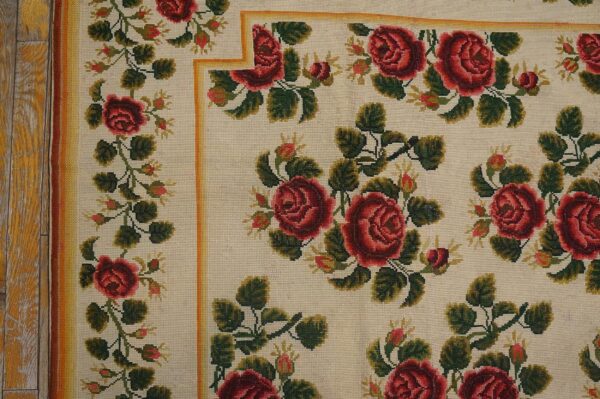 Antique english needlepoint carpet 6'10"×7'6" ivory with red rose vines, circa 1890 9 Antique english needlepoint carpet 6'10"×7'6" ivory with red rose vines, circa 1890 - detail view 8