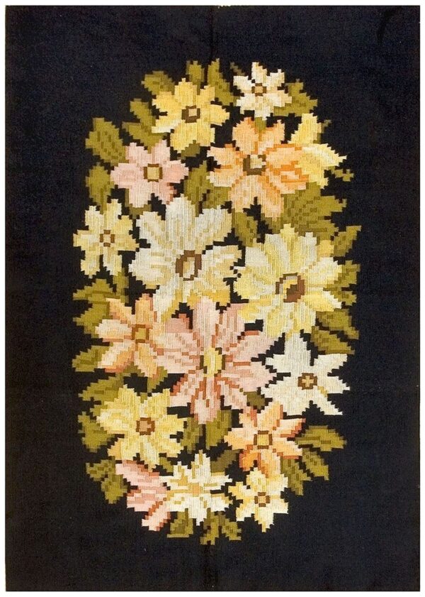 Antique european bessarabian carpet, black floral, hand-woven wool
