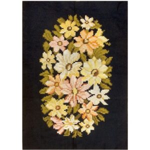 Antique European Bessarabian Carpet, Black Floral, Hand-Woven Wool - detail view 1