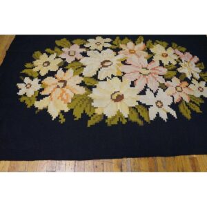 Antique European Bessarabian Carpet, Black Floral, Hand-Woven Wool - detail view 2