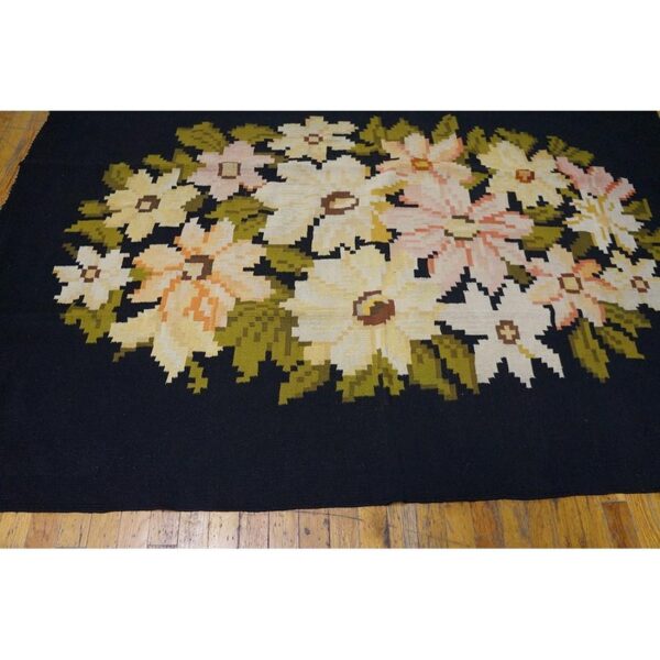 Antique european bessarabian carpet, black floral, hand-woven wool - detail view 2