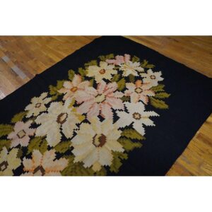 Antique European Bessarabian Carpet, Black Floral, Hand-Woven Wool - detail view 5