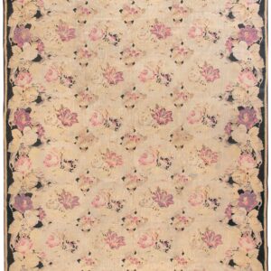 Antique European Bessarabian Kilim 9'6"×16' Ivory Roses, Flat-Weave, 1870s