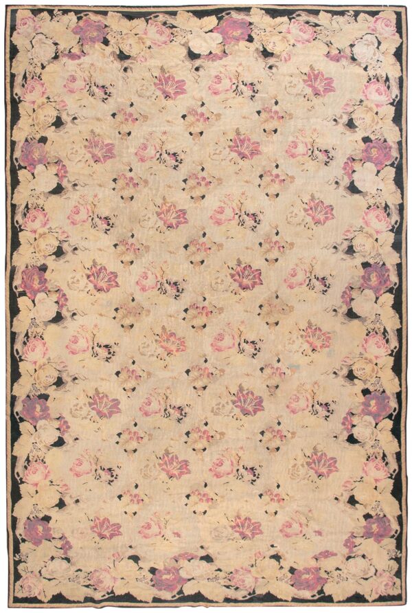 Antique european bessarabian kilim 9'6"×16' ivory roses, flat-weave, 1870s