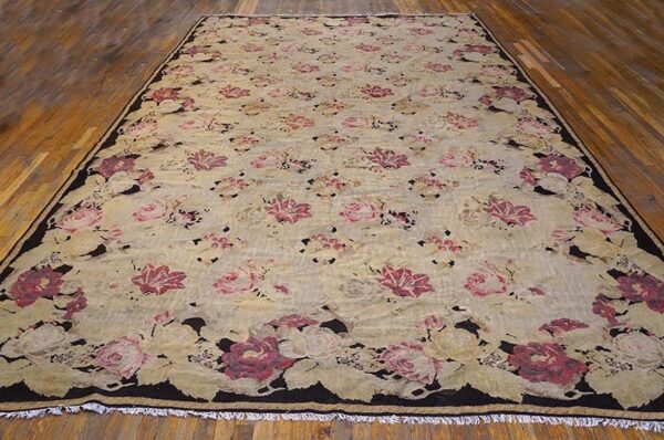 Antique european bessarabian kilim 9'6"×16' ivory roses, flat-weave, 1870s - detail view 1