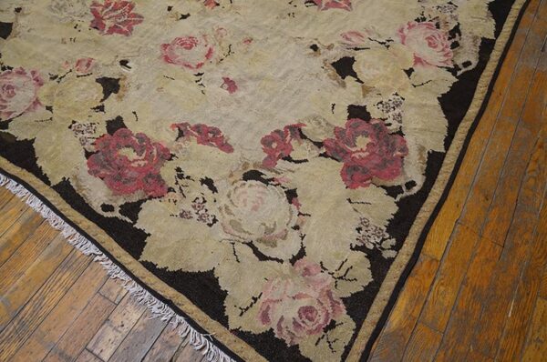 Antique european bessarabian kilim 9'6"×16' ivory roses, flat-weave, 1870s - detail view 2