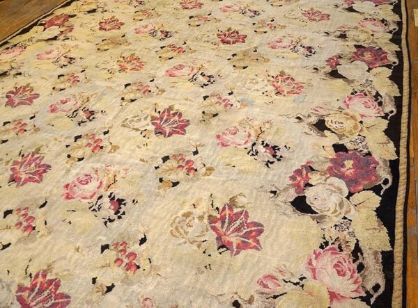 Antique european bessarabian kilim 9'6"×16' ivory roses, flat-weave, 1870s - detail view 3