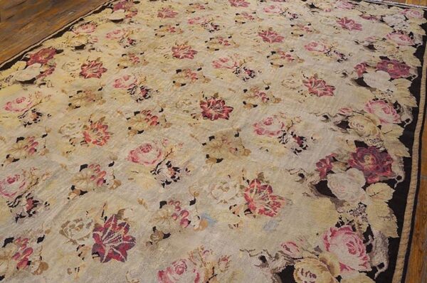 Antique european bessarabian kilim 9'6"×16' ivory roses, flat-weave, 1870s - detail view 4