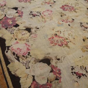 Antique European Bessarabian Kilim 9'6"×16' Ivory Roses, Flat-Weave, 1870s - detail view 7