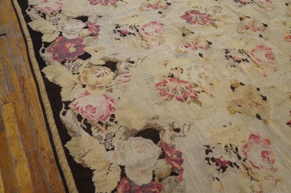 Antique european bessarabian kilim 9'6"×16' ivory roses, flat-weave, 1870s - detail view 7