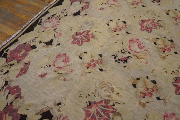 Antique european bessarabian kilim 9'6"×16' ivory roses, flat-weave, 1870s - detail view 8