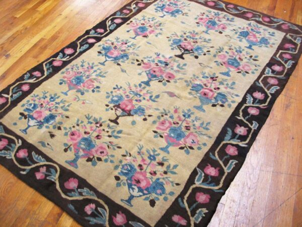 Antique european bessarabian rug 4'7"×6'7" yellow/blue/pink flat-weave, circa 1890 2 Antique european bessarabian rug 4'7"×6'7" yellow/blue/pink flat-weave, circa 1890 - detail view 1
