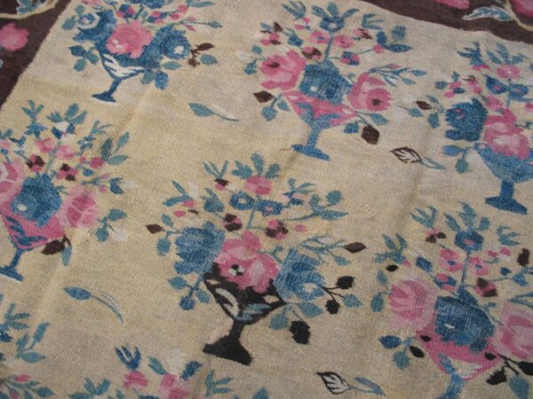 Antique european bessarabian rug 4'7"×6'7" yellow/blue/pink flat-weave, circa 1890 4 Antique european bessarabian rug 4'7"×6'7" yellow/blue/pink flat-weave, circa 1890 - detail view 3