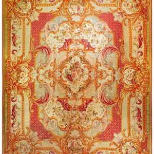 Antique European French Aubusson Flat-Weave Carpet 13'8"×18' Coral/Red Field, Mid-19th Century, Circa 1840-50
