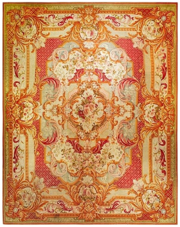 Antique european french aubusson flat-weave carpet 13'8"×18' coral/red field, mid-19th century, circa 1840-50