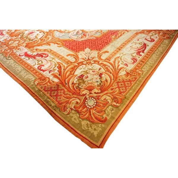 Antique european french aubusson flat-weave carpet 13'8"×18' coral/red field, mid-19th century, circa 1840-50 - detail view 1