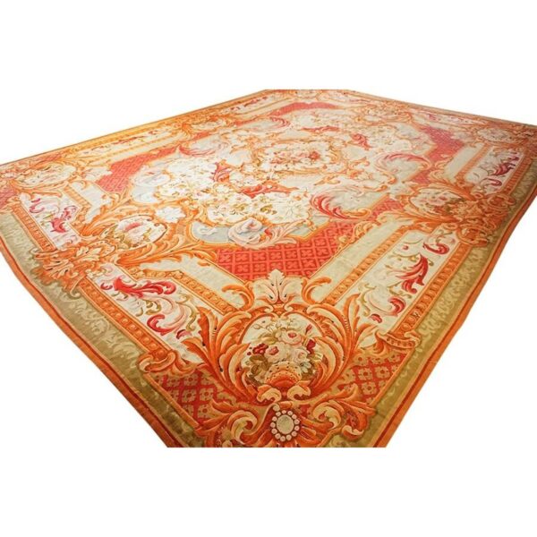 Antique european french aubusson flat-weave carpet 13'8"×18' coral/red field, mid-19th century, circa 1840-50 - detail view 2