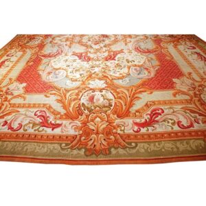 Antique European French Aubusson Flat-Weave Carpet 13'8"×18' Coral/Red Field, Mid-19th Century, Circa 1840-50 - detail view 4