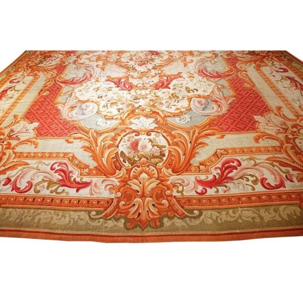 Antique european french aubusson flat-weave carpet 13'8"×18' coral/red field, mid-19th century, circa 1840-50 - detail view 4