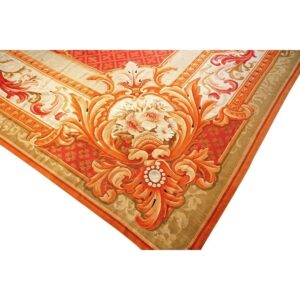 Antique European French Aubusson Flat-Weave Carpet 13'8"×18' Coral/Red Field, Mid-19th Century, Circa 1840-50 - detail view 5