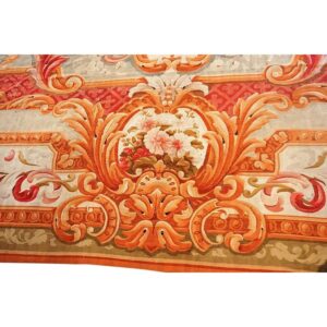 Antique European French Aubusson Flat-Weave Carpet 13'8"×18' Coral/Red Field, Mid-19th Century, Circa 1840-50 - detail view 6