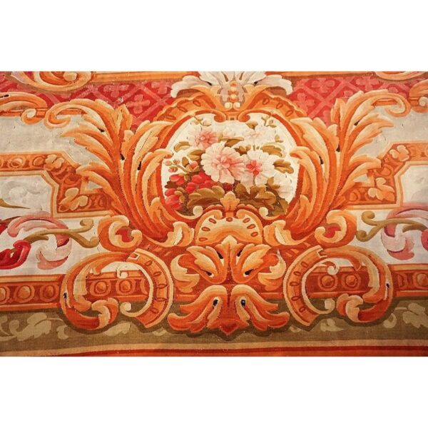 Antique european french aubusson flat-weave carpet 13'8"×18' coral/red field, mid-19th century, circa 1840-50 - detail view 7