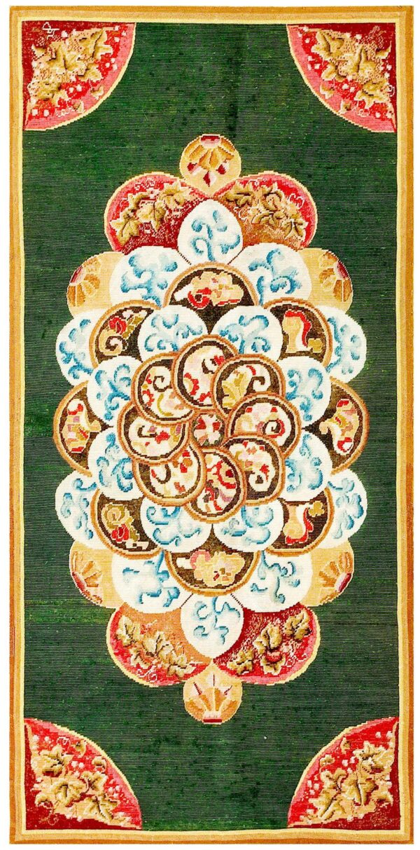 Antique european needlepoint rug, green floral central pattern