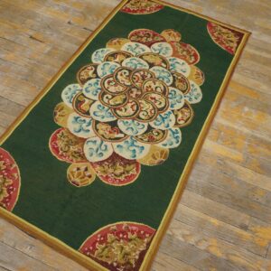 Antique European Needlepoint Rug, Green Floral Central Pattern - detail view 1