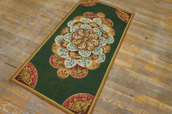 Antique european needlepoint rug, green floral central pattern - detail view 1