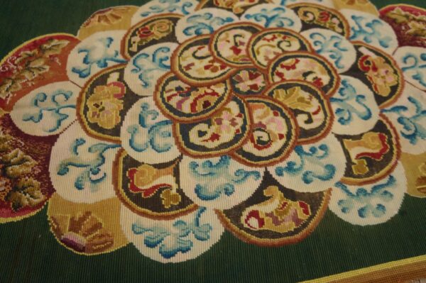 Antique european needlepoint rug, green floral central pattern - detail view 3