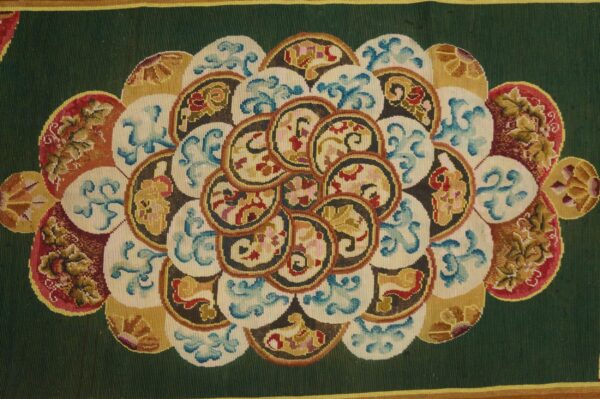 Antique european needlepoint rug, green floral central pattern - detail view 4