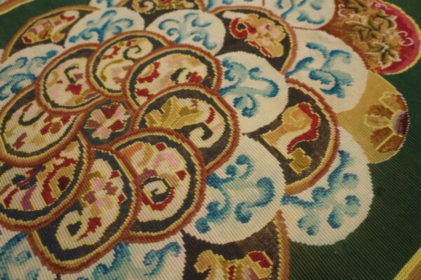 Antique european needlepoint rug, green floral central pattern - detail view 5
