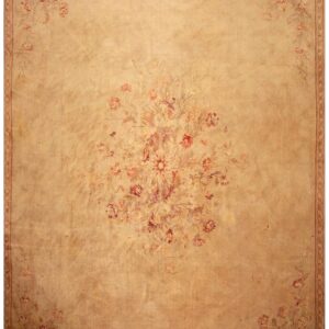 Antique European Savonnerie Carpet 13'2"×17'6" Beige & Cream Floral, Neoclassical, Circa 1925