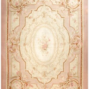 Antique French Aubusson Carpet 10'10"×15' Ivory Field, Rose Pink Border, Napoleon III, Circa 1880