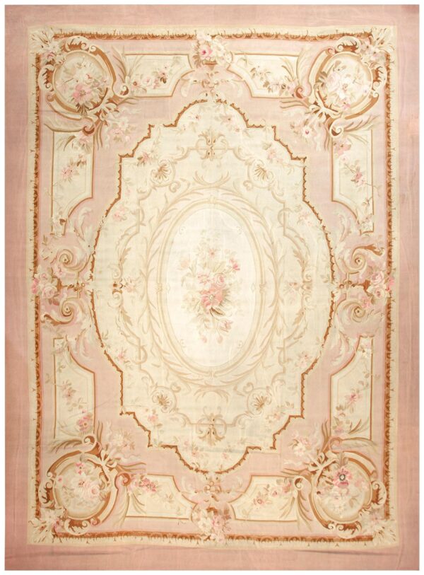 Antique french aubusson carpet 10'10"×15' ivory field, rose pink border, napoleon iii, circa 1880