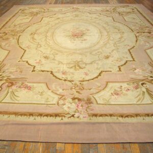 Antique French Aubusson Carpet 10'10"×15' Ivory Field, Rose Pink Border, Napoleon III, Circa 1880 - detail view 1